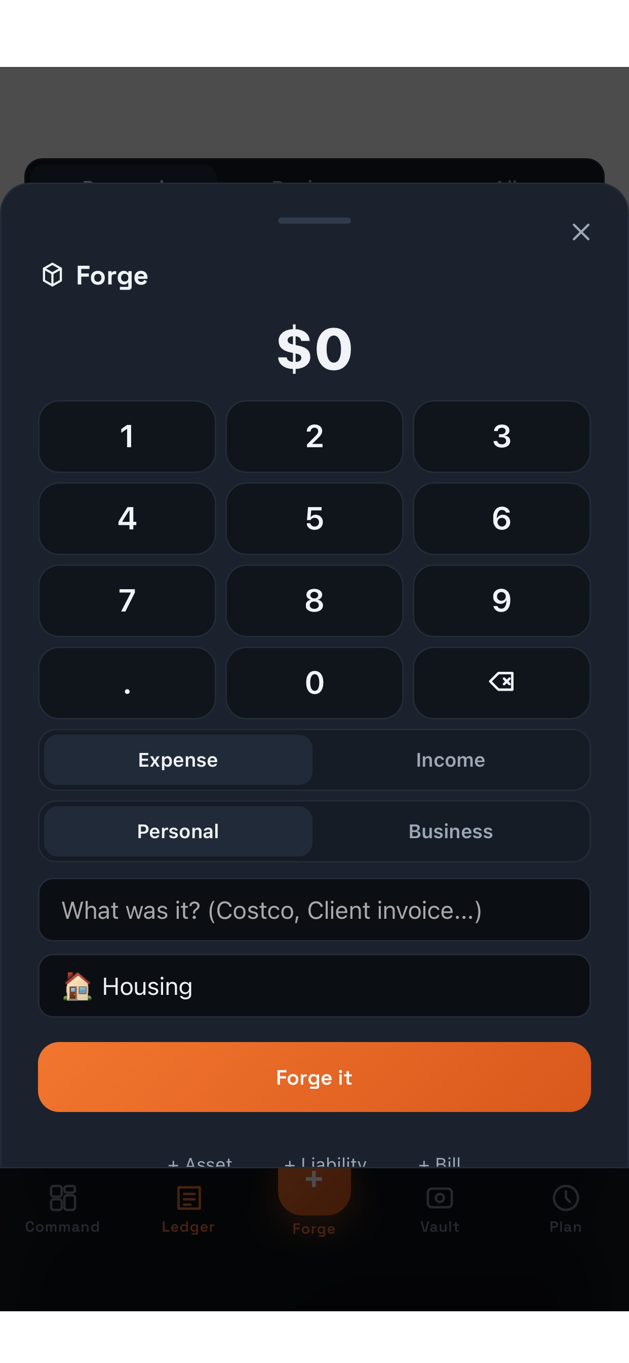 WealthForge quick-add Forge keypad